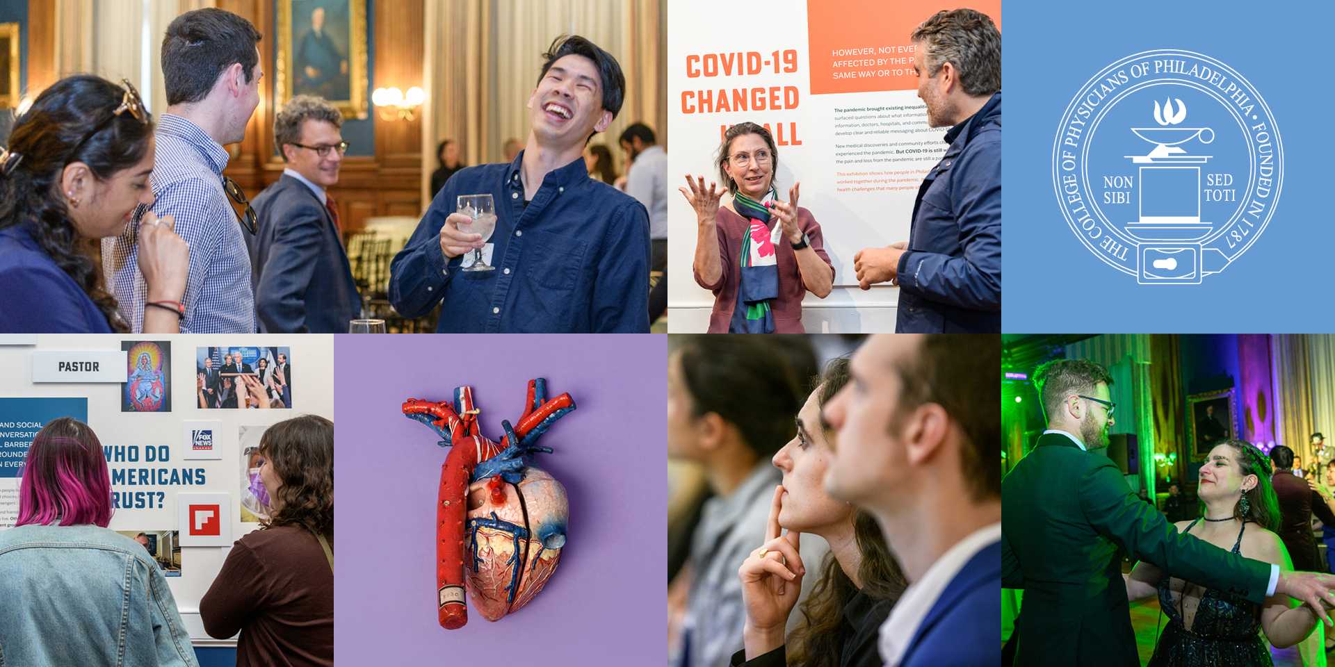 Eight collaged images including photos of people enjoying events at the College, exhibition openings, the College seal, and a paper mache heart from 1869.