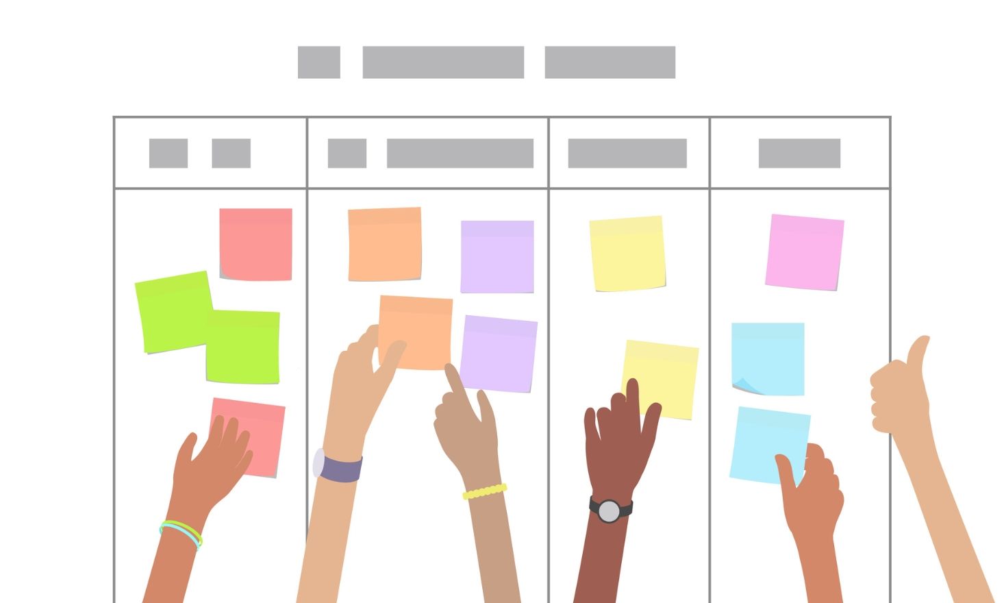 White background with hands adjusting sticky notes.