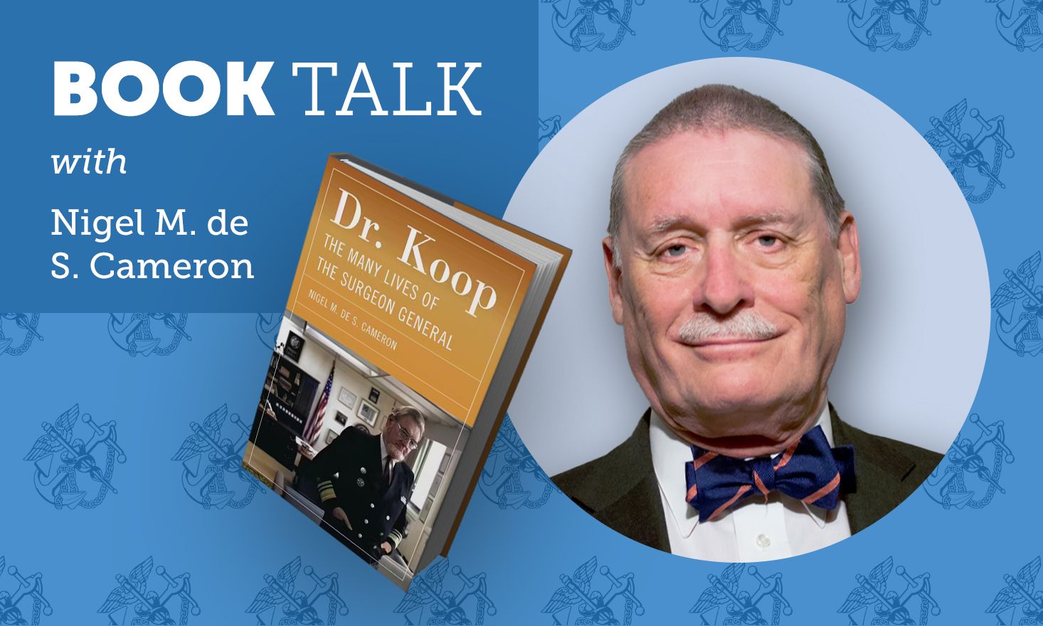 Blue background with a book titled "Dr. Koop: The Many Lives of the Surgeon General"