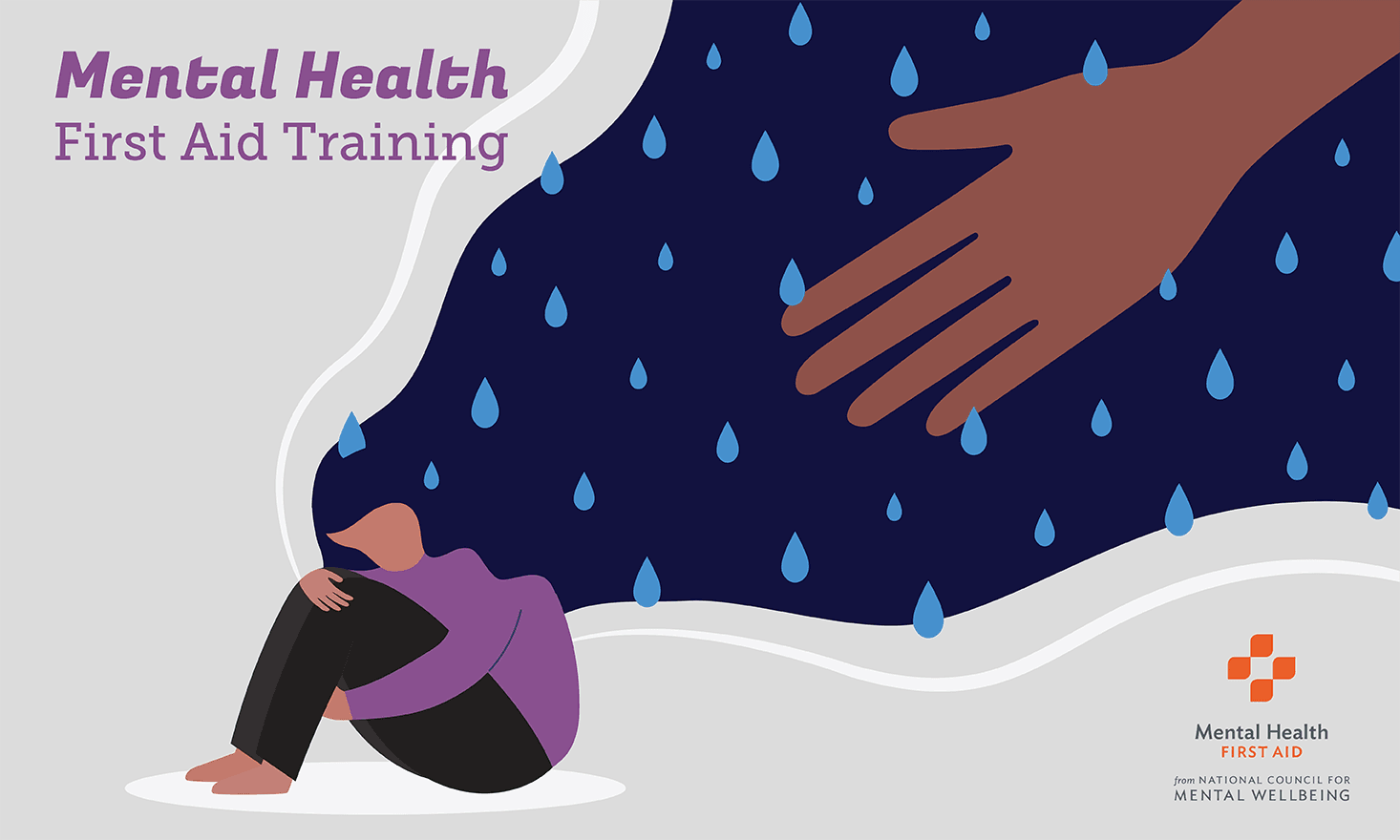 Person sitting with knees to chest and hand reaching towards them, text that says "mental health first aid training" and logo at the bottom.