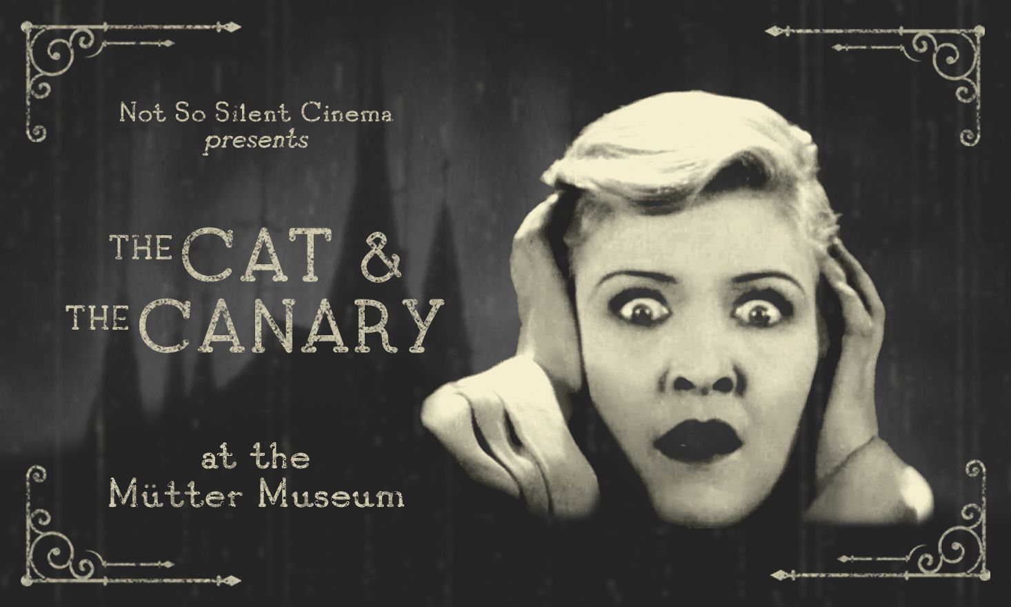 Film still from the movie showing a woman with a surprised look on her face, with the text "The Cat & The Canary"