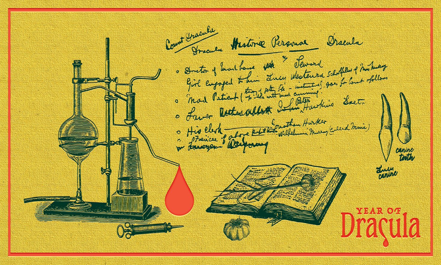 Beaker representing an experiment with a blood drop and Dracula book open