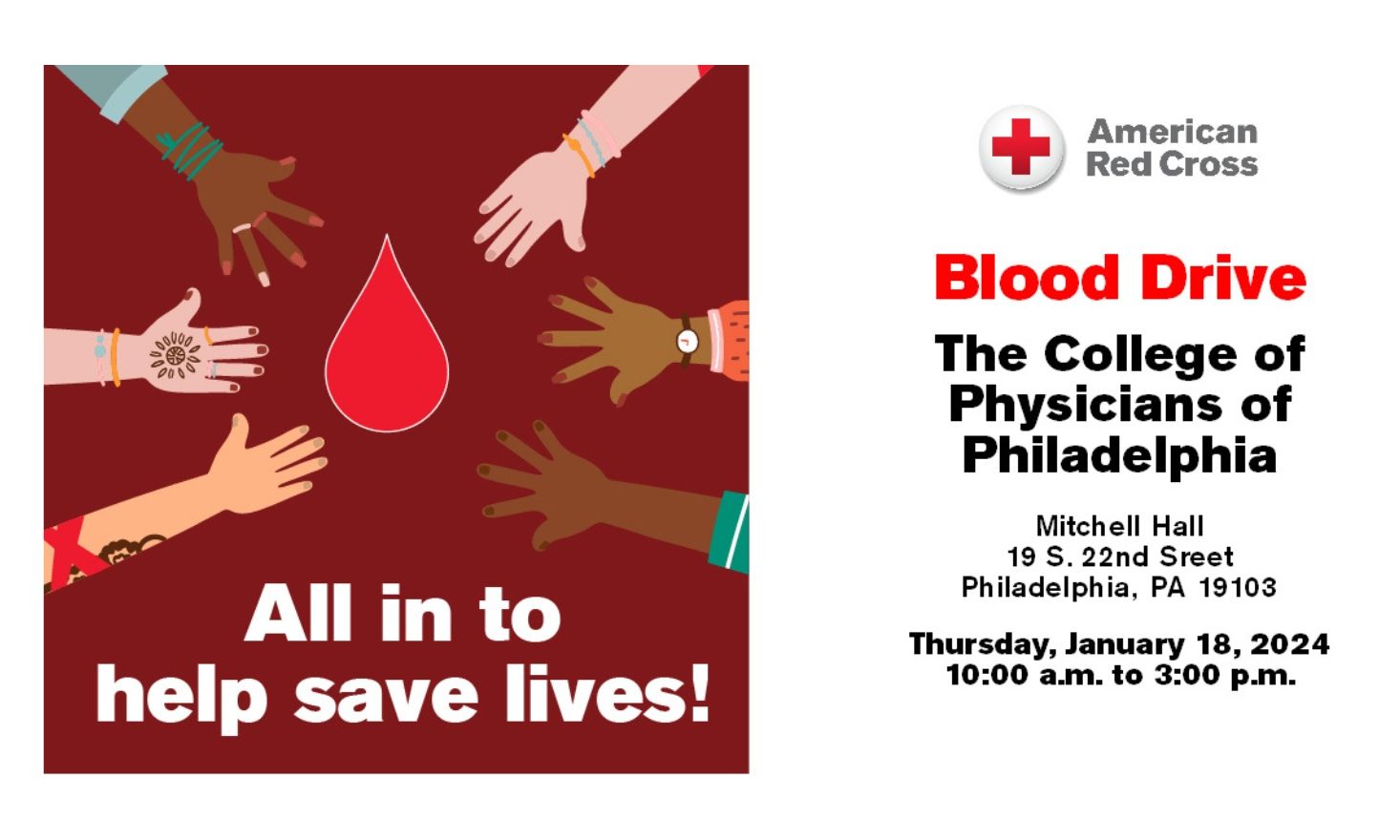 Burgundy background with illustrated hands pointing to the middle and text reading "All in to help save lives!"