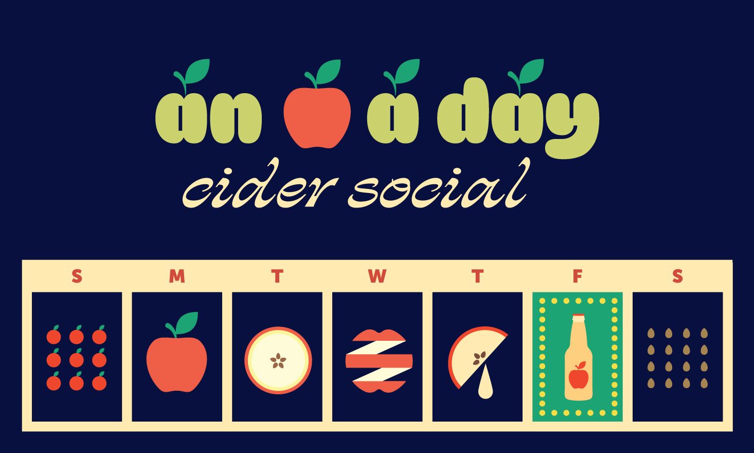 Dark blue background with a colorful apple icons and text reading "an apple a day cider social"