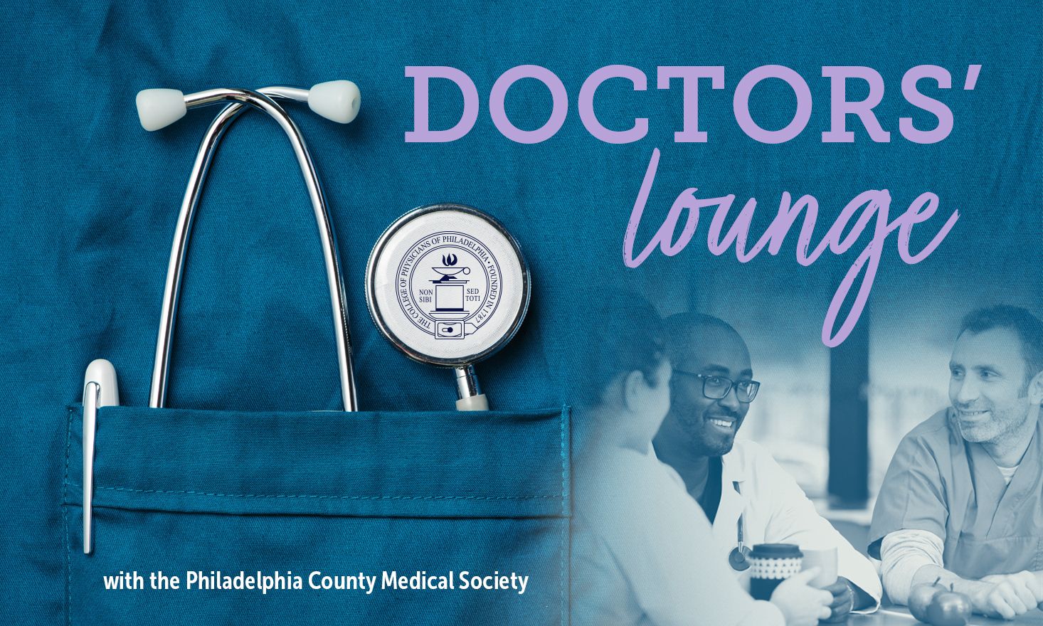 Blue scrubs with stethoscope in pocket. "Doctors Lounge" written on top.
